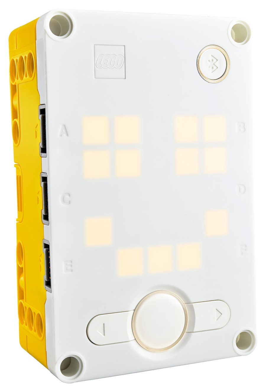 The SPIKE Prime hub — brain, display, buttons, gyro, and lettered ports